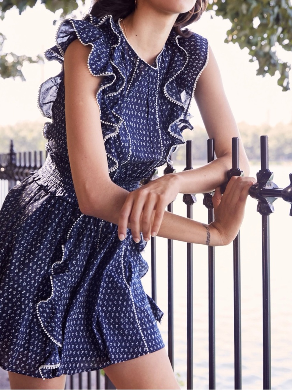 La Vie Rebecca Taylor | Ikat Leaf Navy Blue Ruffle Mini Dress